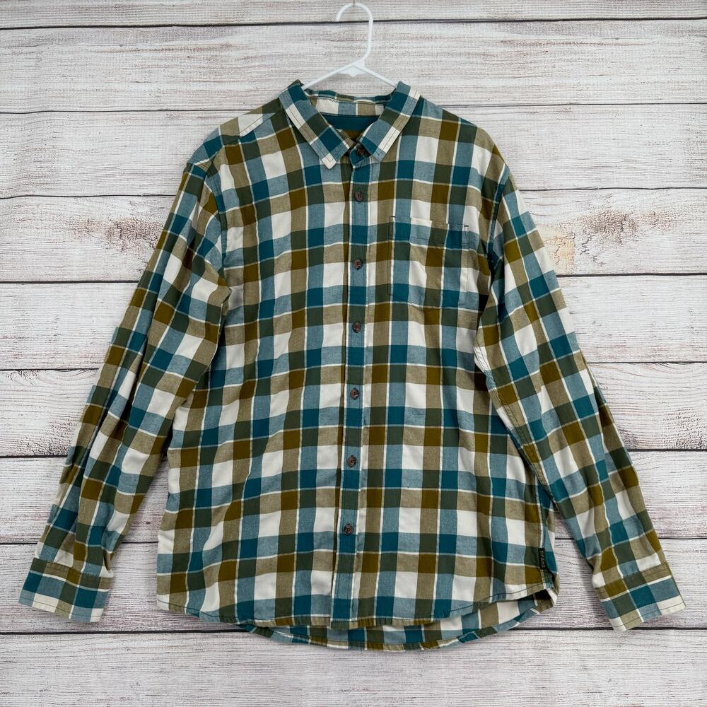 prAna Huntley Checkered Button Down Shirt Mens XL White Blue Green Organic